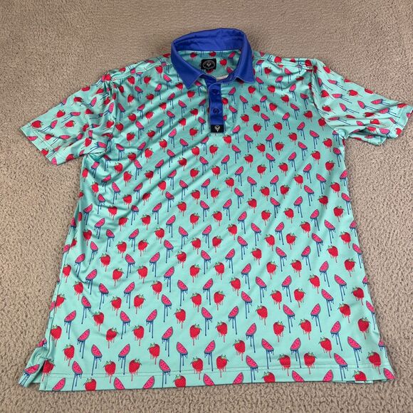 Good Boy Golf Polo Performance Mens L Blue Watermelon Strawberry Shirt Graphic - Picture 1 of 11